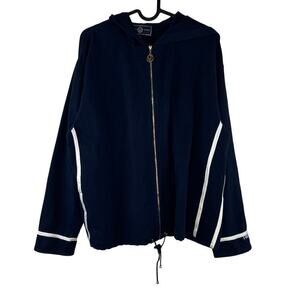 St. John Sport Navy Stripe Full Zip Hooded Sweater Large Nautical Quiet Luxury